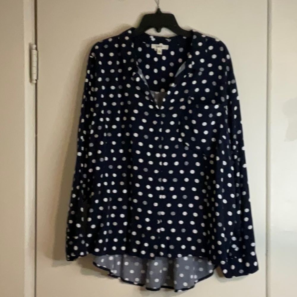 Blue Long Sleeve Buttoned Blouse with Mandarin Collar